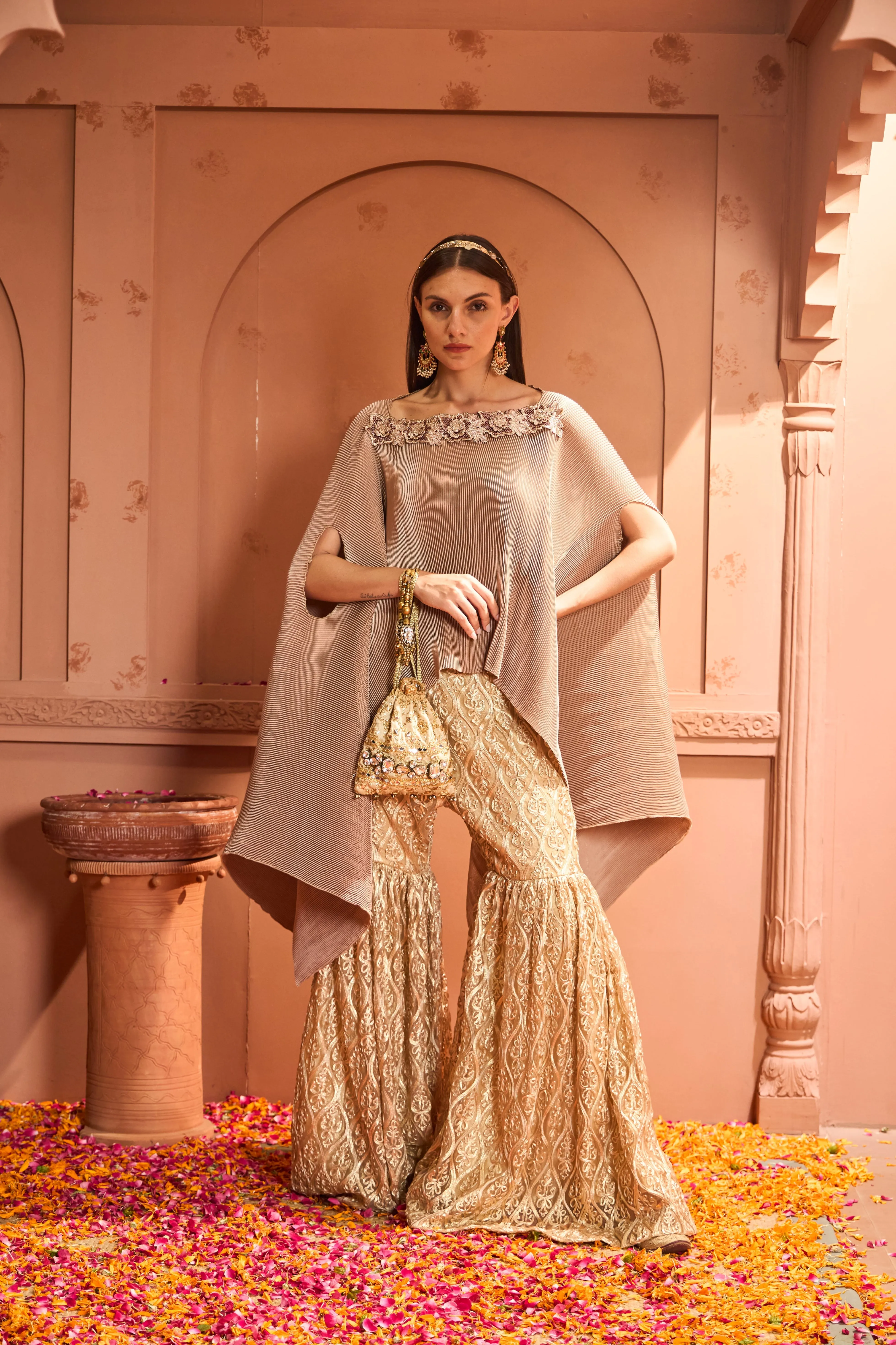 Divine Embroidered Cape With Lace Dori Sharara - Nude