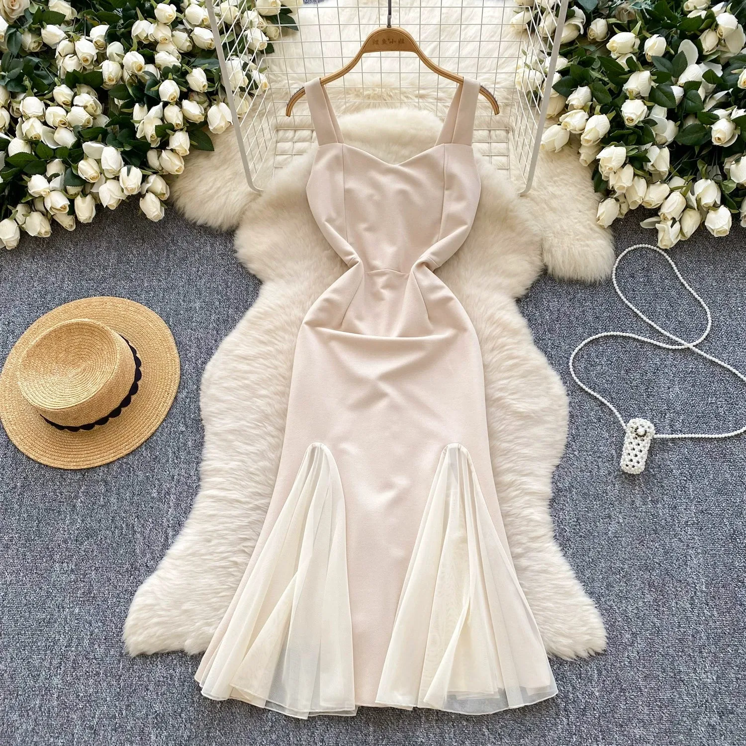 Mesh Patchwork Fishtail Slip Dress